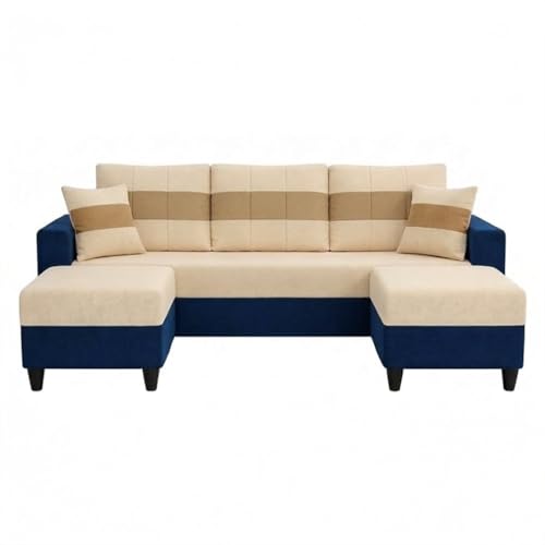 Image of Cavona 5 Seater L Shape Sofa Set with 2 Movable Ottomans | Flexible Layout | Luxury Velvet Suede Fabric | Modern Living Room Sofa | Dark Blue-Cream-Beige