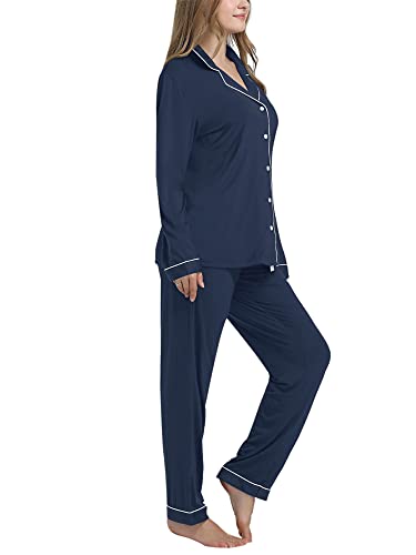 Image of Cherrydew Women's Bamboo Viscose Cooling Long Sleeve Button Up Pajama Set | Buttery-Soft Feel,Naturally Cool Comfort,Breathable Fabric,Lightweight & Flowy Feel