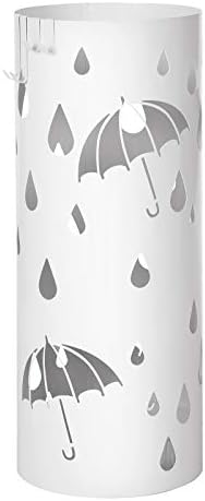 SONGMICS Metal Umbrella Stand, Round Umbrella Holder Rack, with Hooks and Drip Tray, 49 x Ø 19.5 cm, White LUC23W