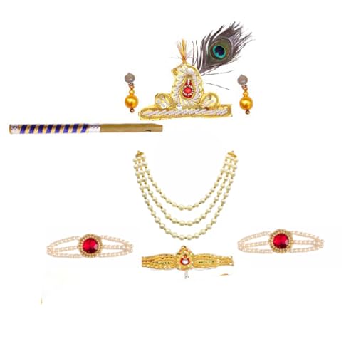 Image of Krishna Dress for Baby Boy Kids(Dhoti,Patka,Mukut,Morpankh,Bansuri,Kamarband,Bajuband,Kundal) Little Krishna Ji Kanha Janmasthmi Costume