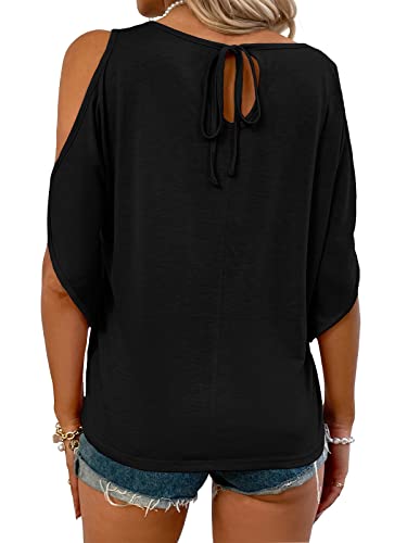 Aoysky Women Cold Shoulder Tops Summer Short Sleeve Shirt Scoop Neck Tee Casual Loose Fitting Solid Color Tunic Top2