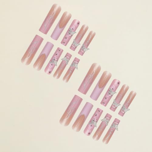 Dzpguoniz 24Pcs Long Square Press On Nails Pink French Tip Fake Nails Silver Rhinestones With Flower Full Cover Tips Glue On Nails Artificial Acrylic False Nails Butterfly Charms Design For Women Nails Designs thumb #4
