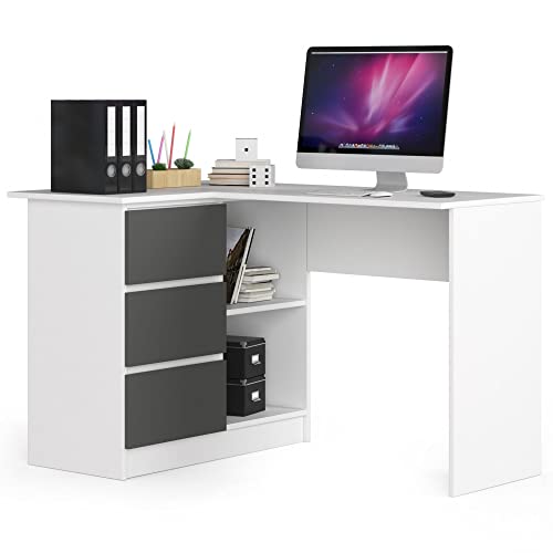 AKORD Eck-Schreibtisch B-16 mit 3 Schubladen und 2 Ablagen | Schreibtisch | ecktisch | Eck Schreibtisch für Home Office | Einfache Montage | B124 x H77 x T85, 48 kg Weiß & Graphitgrau Front