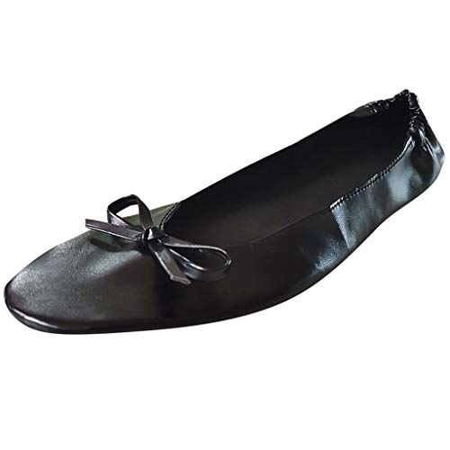 Bailarinas Plegable Baile Piel Punta Planas Manoletinas Mujer Zapatos Vestir Confort Pisos Cerrada Fiesta Elegantes Casual Ballet Verano Nudo de Proa f2274, Negro Cover
