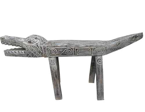 WorldBazzar Hand Carved Gator Alligator Crocodile Primitive Wood Bench Chair White Statue Huge