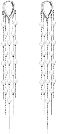 Long Pearl Earrings for Women 14k Gold Plated Pearl Dangle Tassel Earrings Sterling Silver Post Long Pearl Drop Earrings for Prom