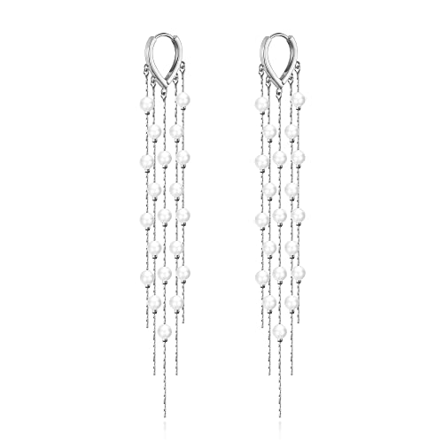 Long Pearl Earrings For Women 14K Gold Plated Pearl Dangle Tassel Earrings Sterling Silver Post Long Pearl Drop Earrings For Prom #TOP1