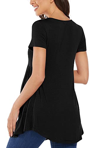 Pacbreeze Women's Maternity Top/Shirts Side Ruched Button Front Babydoll Tee Top Mama Pregnancy Clothes With Short Sleeve(Black, Medium) #TOP4