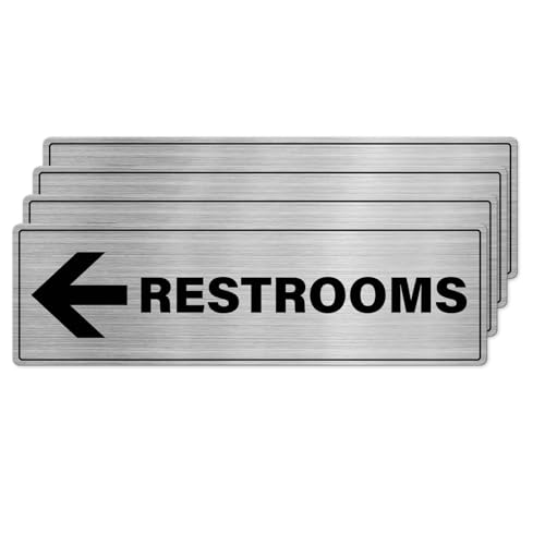 YIKIADA 4 Pack Restrooms Signs with Left Arrow 9 × 3 Inches Self Adhesive Aluminum Metal Sign Reflective Waterporoof Fade Resistance Signage for Indoor Outdoor Use
