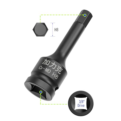 Image of 3PCS 3 /8 inch Square Drive H8(8mm) Impact Hex Bit Socket, 60mm(2.36 inch) Length, Hex Driver, Impact Grade, One-Piece Construction, 3 /8 inch Drive Allen Bit Socket, Cr-Mo Steel, Black