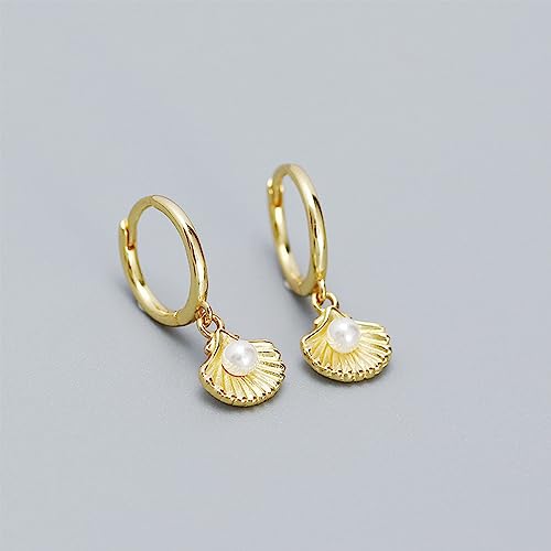 Cute Shell Pearl Huggie Small Hoop Earrings Dangle Drop for Women Teen Girls 925 Sterling Silver 14K Gold Filled Boho Beach Simple Charm Hoops Delicate Hypoallergenic Summer Jewelry Gift Daughter3
