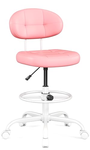Image of Misolant Drafting Chair, Armless Tall Office Chair with Footrest Ring for Standing Desk, Small Faux Leather Executive Computer Chair with Adjustable Height for Bar Lab Counter Height Desk, Pink