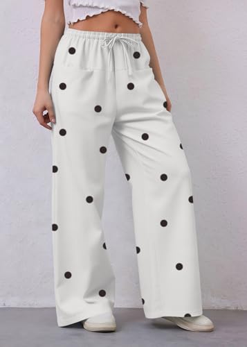 Image of MISSACTIVER Women Drawstring Polka Dot Pants Loose Wide Leg Trousers Casual Low Waist Pants Lounge Pants with Pockets