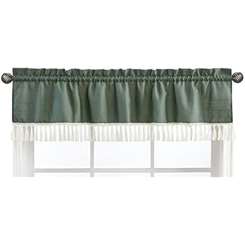Sweet Jojo Designs Dark Green Boho Chic Window Treatment Valance - Solid Sage Hunter Ivory Bohemian Gender Neutral Linen Tassel Macrame Modern Farmhouse Designer Minimalist Tuft Fringe Cover