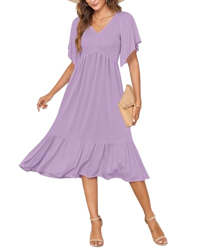 AUSELILY Women's Summer Empire Waist Dress Smocked Flutter Short Sleeve V Neck Midi Dresses 2025 New Light Purple M