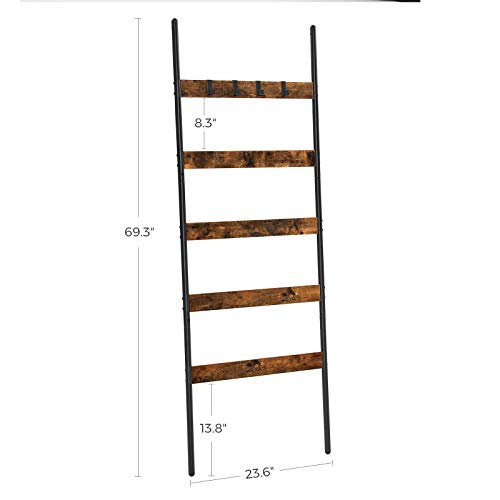 VASAGLE 5-Tier Blanket Ladder Shelf, Wall-Leaning Rack with 4 Hooks, Steel Frame, 23.6 Inch Wide, for Blankets, Scarves, Industrial Style, Rustic Brown and Black ULLS011B01