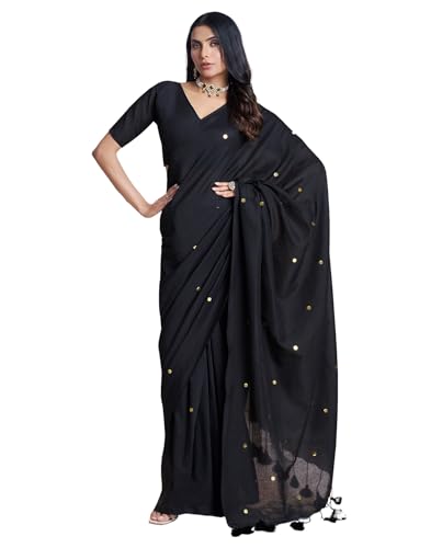 Image of SIRIL Women's Cotton Linen Sequence Saree With Unstitched Blouse Piece