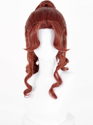 Image of Half and Half Red Brown Ponytail Wig with Bangs Long Curly Dark Brown Anime Cosplay Wig Synthetic Hair for Women Halloween Party