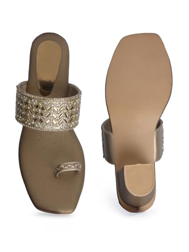 Image of JM LOOKS Women's Embellished Ethnic Heels Sandal with Toe Ring Design Comfortable Lightweight Heels for: Weddings, festive occasions.