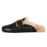 Real Fur Mules for Women Slip-on Fluffy Slippers with Soft Fur Lining, Comfortable Flat Mules for Fall Winter Black