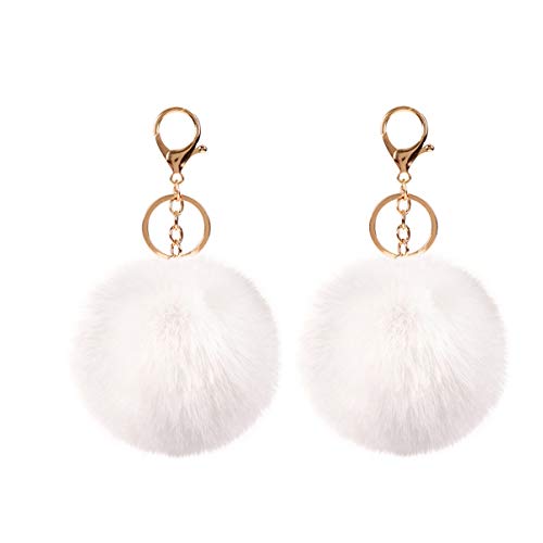 2PCS Faux Rabbit Fur Ball Pom Pom Keychain for Car Key Ring Phone Handbag Charm Tote Pendant ,White