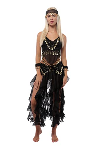 5 peças fato de dança da barriga profissional para mulher, conjunto de acessórios top e saia comprida de chiffon para disfarces indianos e festas temáticas, tamanho único, Preto, Talla única