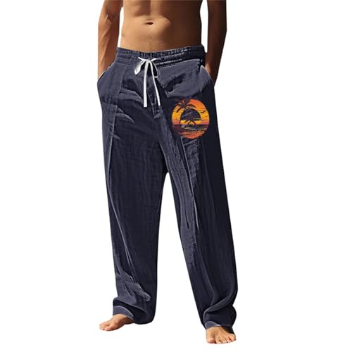 Cotton Linen Pants for Men Casual Palm Tree Print Wide Leg Yoga Beach Pants Loose Fit Lightweight Summer Trousers, 4-navy, XX-Large