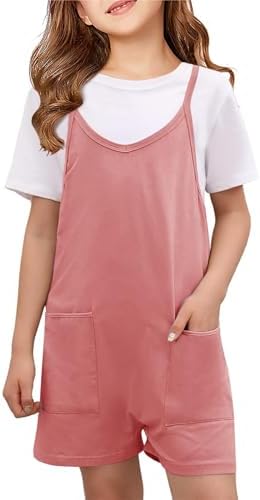CharmWM Girls Summer Jumpsuits Spaghetti Strap Sleeveless Loose Romper Short Pants with Pockets 5-14 Years