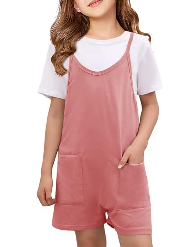 CharmWM Girls Summer Jumpsuits Spaghetti Strap Sleeveless Loose Romper Short Pants with Pockets 5-14 Years