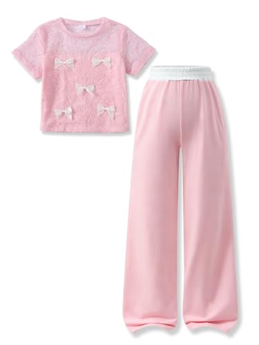 Image of Girls Clothes 2 Piece Short Sleeve Lace Bow Print Tops Flared Pants Set Little Girl Outfits Size 7-14