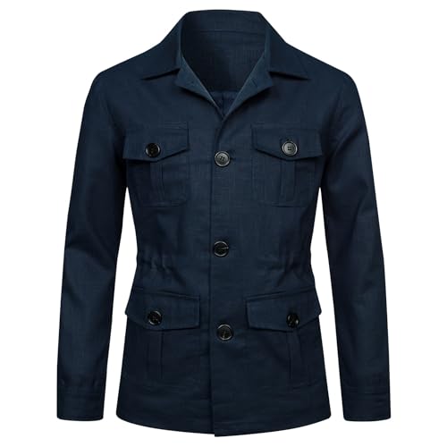 Men's Vintage Blazers Casual Long Sleeve Button Down Linen Jacket Trendy Business Shirt Coat Outwear with 4 Pockets