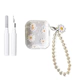 Fycyko Compatible for AirPods Case Soft TPU with Cleaner Kit Cute Little Daisy Flowers Design Shockproof Pearl Keychain Cover for Girls Woman for Airpods 2&1-White