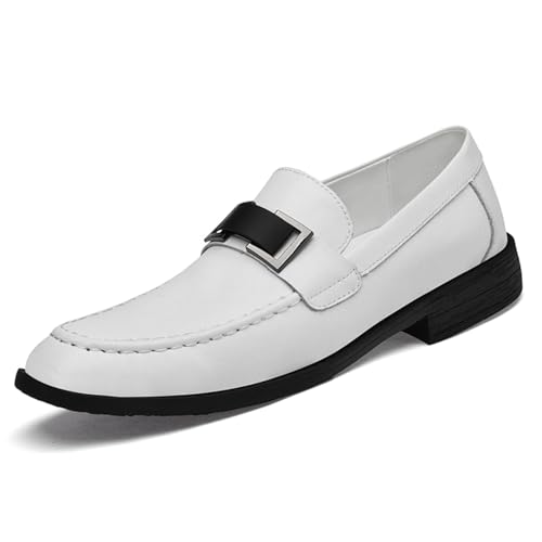 Men's Classic Genuine Italian Leather Slip-On Dress Loafers Shoes with Metal Buckle Low Heel Lightweight Soft Touch Round Toe Non-Slip Sole for Formal Business Office Prom Party