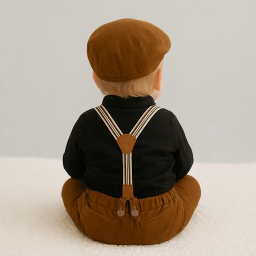 Image of Baby Boy Formal Outfit Set with Suspenders, Bow Tie & Newsboy Cap - Toddler Gentleman Dress Clothes for Birthday Party, Cake Smash, Wedding & Photoshoot