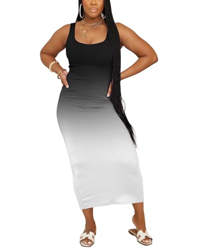 Image of Women Casual Summer Tank Top Dress Ribbed Bodycon Midi Sleeveless Sundress Sundress Basic Slim Fitted Pencil Dresses