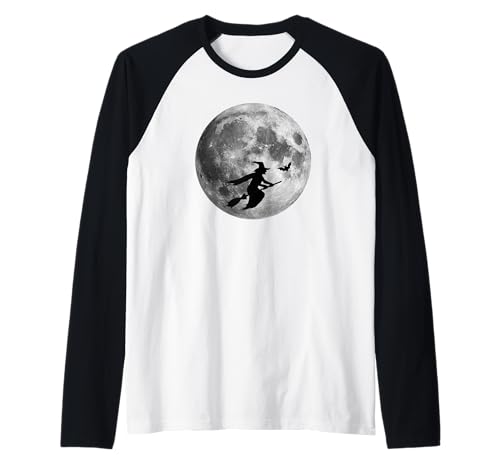 Strega Luna Piena Halloween Costume Divertente Strega Equitazione Scopa Maglia con Maniche Raglan