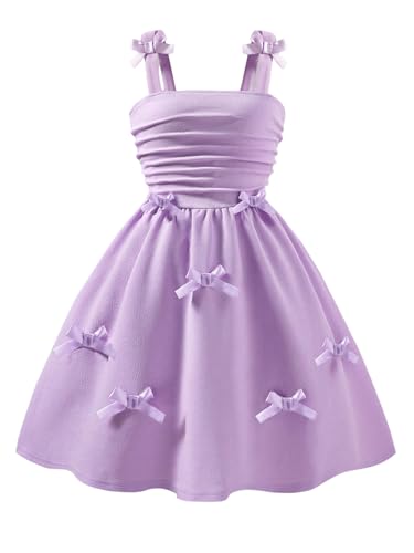 GORGLITTER Girl's Bow Sleeveless Swing Midi Cami Dresses Ruched Flared Flowy Summer Party Sundress Aged 8-12 Years Purple Bow 8Y