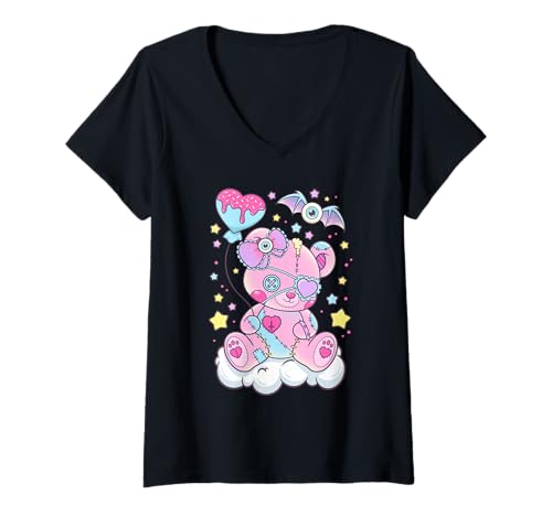 Femme Kawaii Pastel Gothique Mignon Ours Effrayant T-Shirt avec Col en V