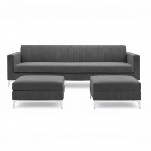 Image of Amelia 5 Seater L Shape Sofa Set with 2 Movable Ottomans | Flexible Layout | Rich Velvet Suede Fabric | Silver Legs | Spacious Seating | Modern Sofa for Living Room (Dark Grey)