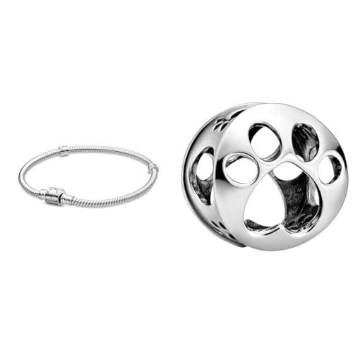 PANDORA Schlangen-Gliederarmband mit Zylinder-Verschluss in Sterling-Silber Moments Collection, Größe 18 & Offen gearbeiteter Hundepfotenabdruck Charm Sterling-Silber 9 x 11,5 x 11,5 mm (T/H/B)