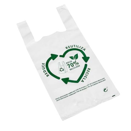 RASMACOR | Pack 100 Bolsas de Plástico Tipo Camiseta 70% Reciclado | Tamaño M 30x40 cm | Aptas Uso Alimentario, Resistentes, Reutilizables | Galga 200 | 50 Micras | Cumple todas las normativas
