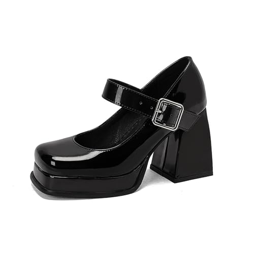 Women's Patent Leather Platform Mary Janes Pumps with Adjust Buckle Strap Fashion Comfort Square Toe Chunky High Heels Uniform Lolita Dressy Shoes for Party Date Wedding