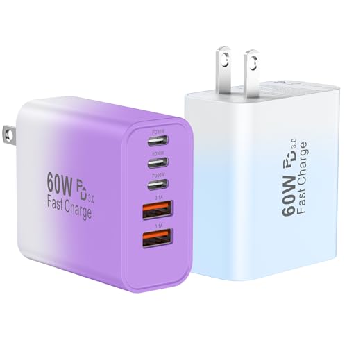 Image of USB C Fast Wall Charger Block, 2Pack 60W USBC Charging Cubes, 5-Port PD+QC Power Adapter Multiport Brick Type C Box Plug for Phone 17 /16 /15 /14 /13 /12 /11 /Pro Max /Plus, Pad Mini /Pro /S25 /S24