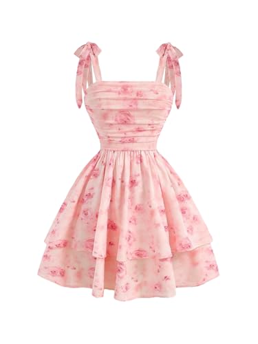 Girl's Floral Tie Shoulder Cami Dress Bow Tie Shoulder Layered Ruffle Ruched Flowy Short Dresses