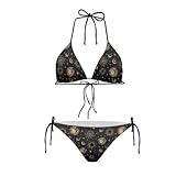 JEOCODY Gothic Bikini Sets for Women Cool Gothic Black Sun Moon 2 Piece Bikini Swimsuit Sexy Bathing Suits Halter Triangle Tops with Bottom String Bikini Sets