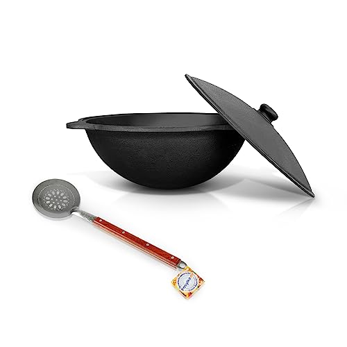 Hierro fundido Kazan Uzbeki 6L tapa de aluminio espumadera cuchara para Plov, 40 cm Uzbekistán uzbekistán olla WOK Plov плов казан Kazan horno de fuego Plov caldera