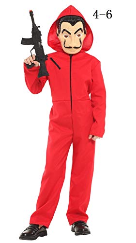 KRAZY TOYS Disfraz de La casa de Papel Ladrón - Disfraces Carnaval Halloween Niños. Incluye un Traje con Capucha y una Dali máscara (4-6)