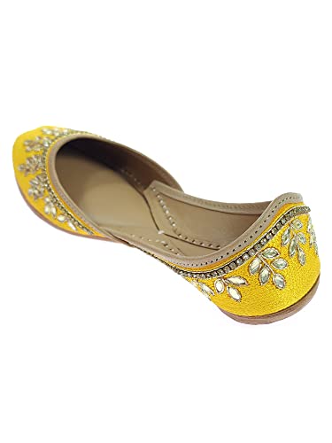 Image of Fulkari Women's Dolli Gold Genuine Soft Leather Embroidered Jutis | Bite and Pinch Free Jutti | Punjabi Formal Juttis | Girl's Wedding Flat Ladies Mojari | Formal Ethnic Juti |
