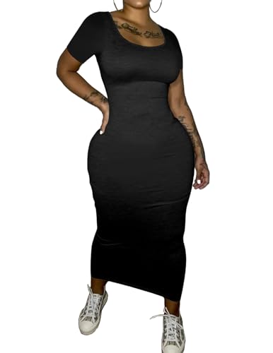 PINSV Women's Casual Bodycon Maxi Dress Summer Scoop Neck Short Sleeve Long Fitted Dresses Club Party3