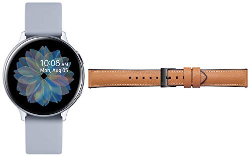 Image of Samsung Galaxy Watch Active 2 (Bluetooth + LTE, 44 mm) - Silver, Aluminium Dial, Silicon Straps + Free Leather Strap Worth INR 2500